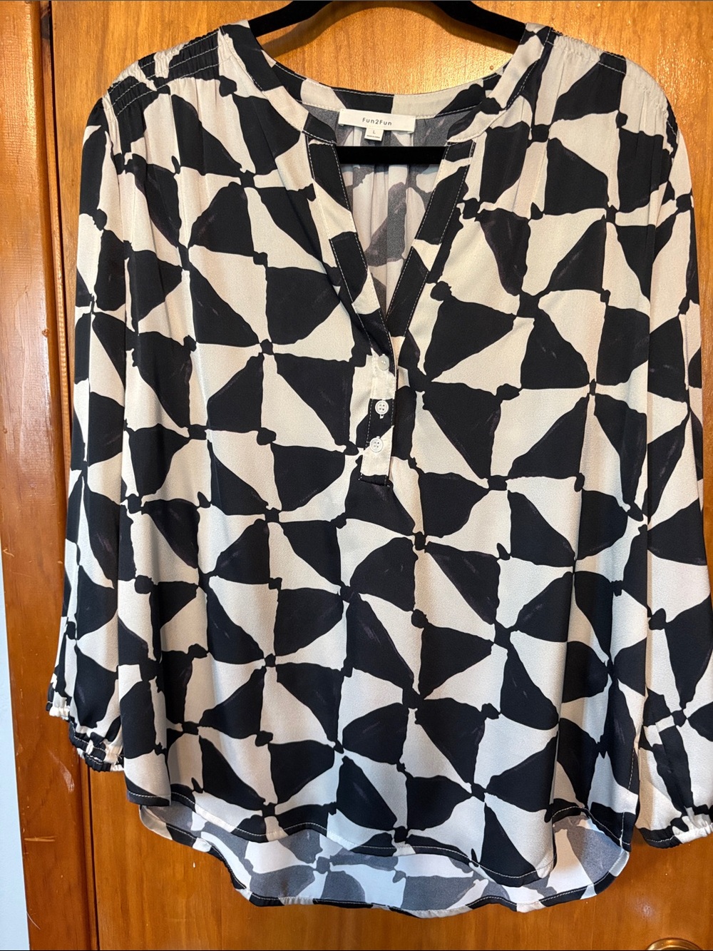 fun 2 fun Black (splashes of purple in it) and Cream Geometric Split-Neck Blouse